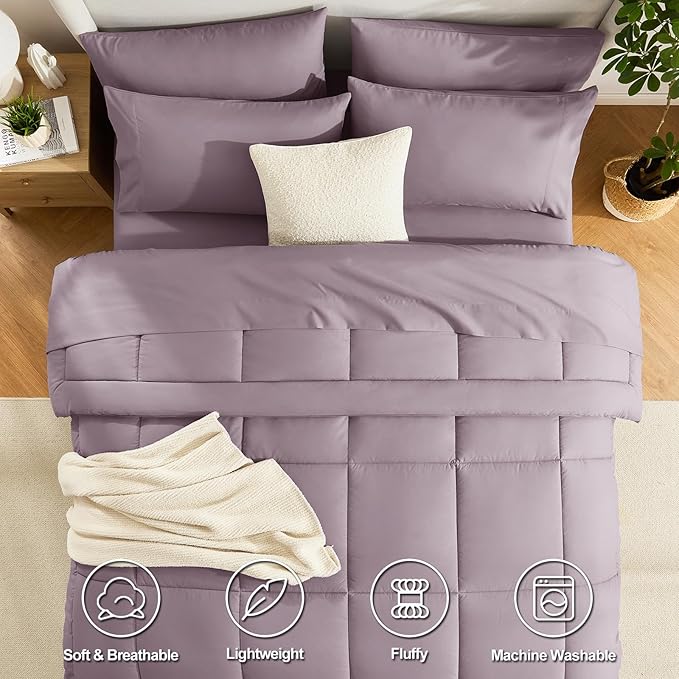 CozyLux Full Size Comforter Set Dusty Purple - 7 Pieces Bed in a Bag Dusty Purple Comforter Full Size, Bedding Set with All Season Quilted Comforter, Flat Sheet, Fitted Sheet, Pillowcases