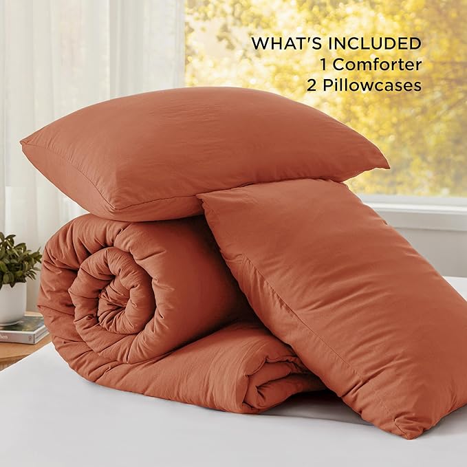 Bedsure Full Size Comforter Set, Burnt Orange Soft Prewashed Bedding for All Seasons, 3 Pieces GentleSoft™ Warm Down Alternative Bed Set, 1 Lightweight Comforter (82"x86") and 2 Pillowcases (20"x26")