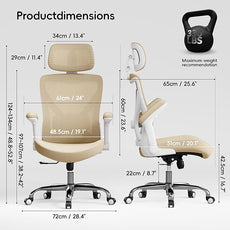 Office Home Ergonomic Desk Chair-Computer X-Shaped Chair Mesh PU Leather with Adjustable Lumbar Support-Executive Chair High Back with Headrest Flip-Up Arms for Long Hours (Khaki)