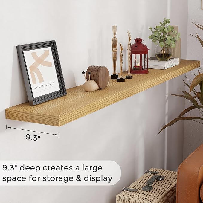 Fun Memories 72 Inch Floating Shelves for Wall, 72x9.3 Large Floating Shelf for Bedroom, Kitchen, Bathroom, Wall Mounted Rustic Wood Shelves with Invisible Bracket for Books, Decor, Oak