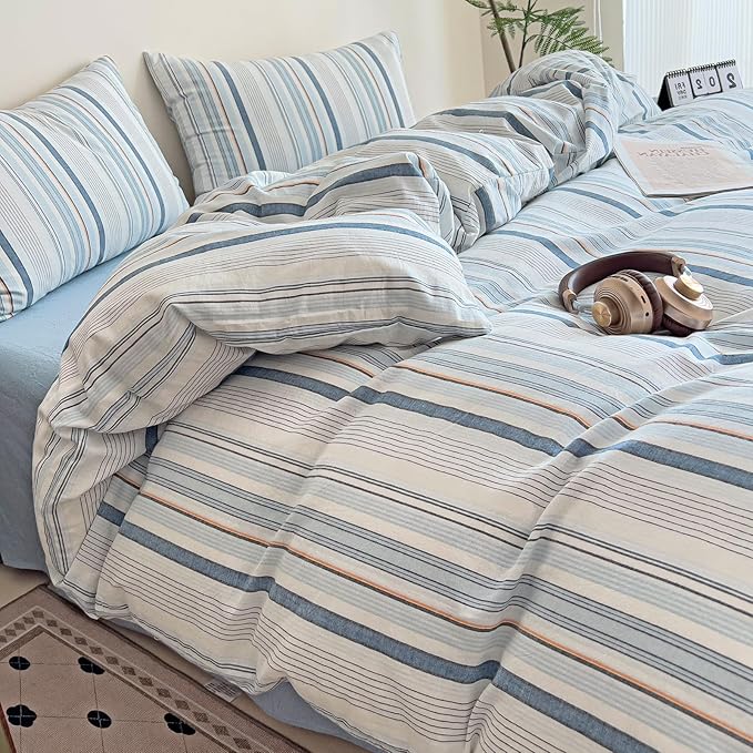 VM VOUGEMARKET Blue Striped Duvet Cover Set Queen 100% Washed Cotton Bedding Set 3 Piece Colorful Pinstripes Comforter/Quilt Cover with Zipper Closure Corner Ties,Modern Cozy
