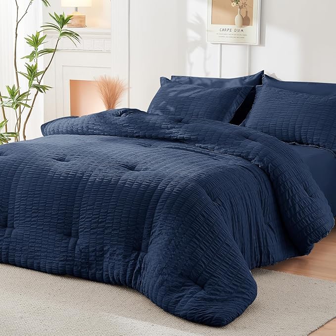 HYMOKEGE Navy Blue Oversized Queen Comforter Set Seersucker 7 Pieces, All Season Luxury Bed in a Bag for Bedroom, Bedding Set with Comforter, Sheets, Pillowcases & Shams