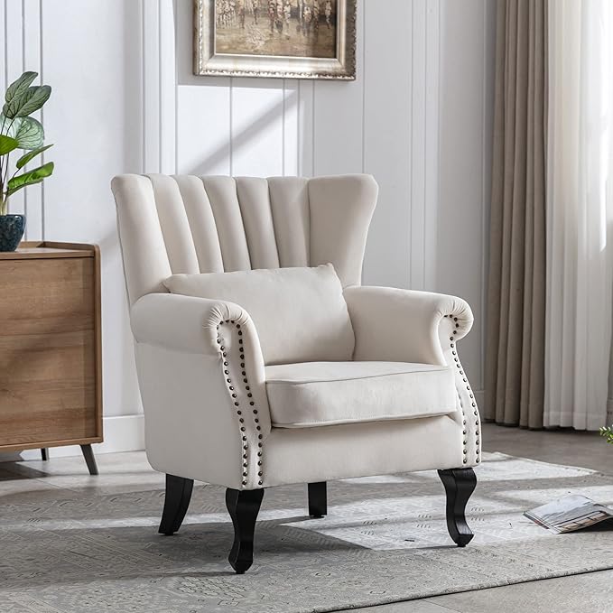 Mid Century Accent Chair Modern Tufted Wingback Armchairs Club Chair Velvet Fabric Single Sofa Reading Chair with Pillow for Living Room, Cream