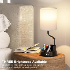 White Bedside Table Lamps for Bedroom Set of 2 - Nightstand Light with AC Outlet and USB A & C for Charging, 3 Color Temperatures Desk Lamp with Pen Holder & Phone Stand for Living Room/Dorm/Office