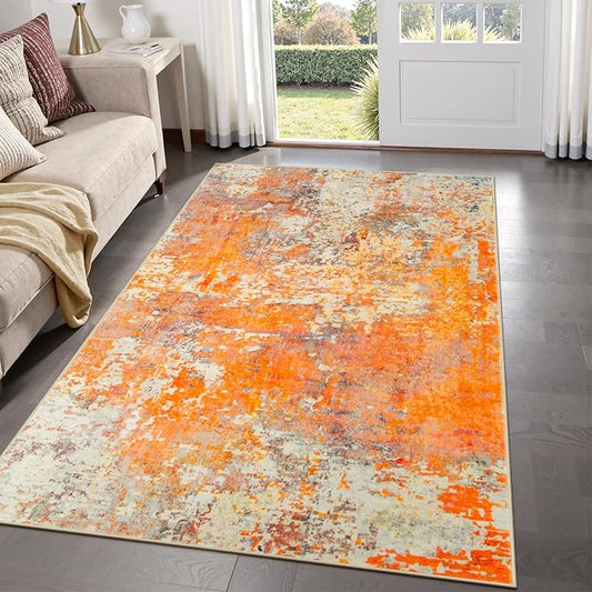 Lahome Modern Abstract Area Rug - Soft 3x5 Rugs for Bedroom Washable Living Room Entryway Rug, Contemporary Non Slip Indoor Accent Carpet for Nursery Office Kitchen Bathroom, Orange/Yellow