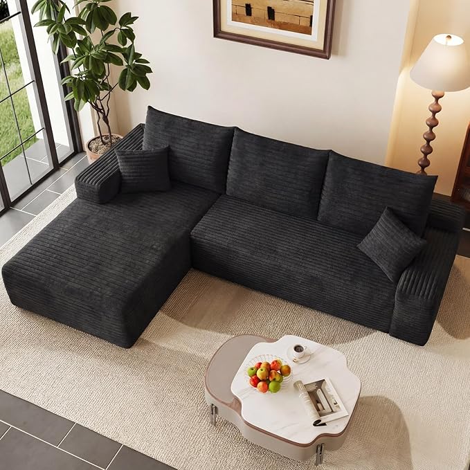 95" Modular Sectional Couch, Boneless L Shaped Cloud Sofa with Chaise Lounge, Corduroy Upholstered Couches Memory Foam Deep Seat, No Assembly Required, Ideal for Living Room(Black, Left Facing)