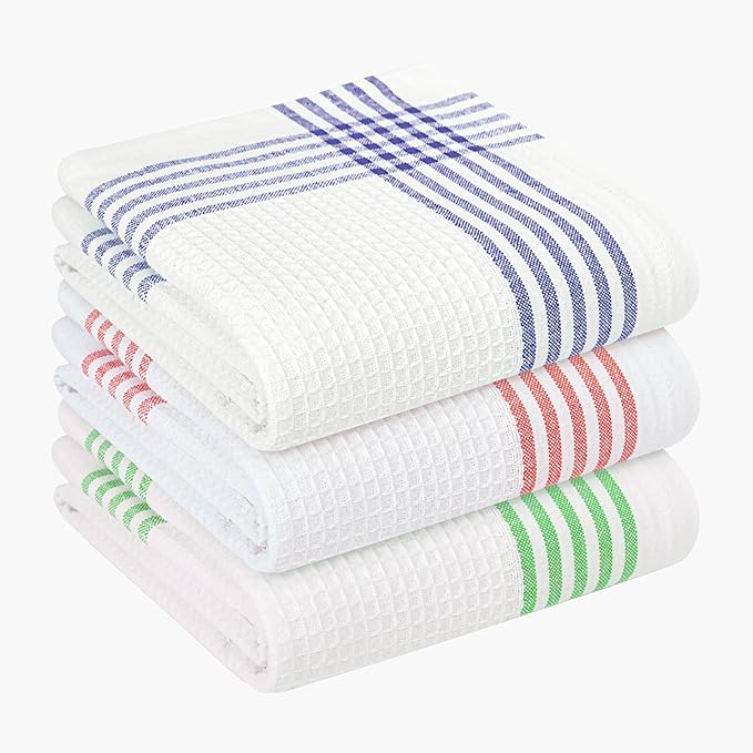Multicolor Kitchen Towels 3 Pack, 16x26 Inch, Waffle Weave, Quick Dry, Absorbent, Durable Dish Towels for Drying, Cleaning, Cooking, Daily Kitchen Use, Indigo Blue, Red, Dark Green