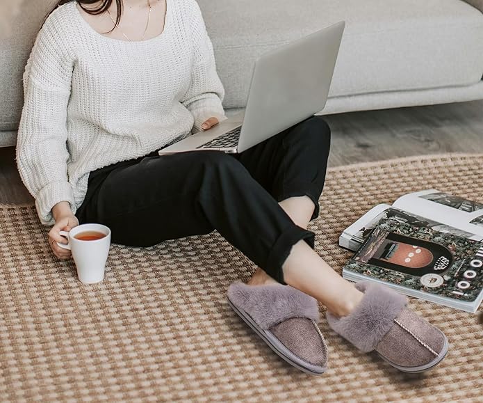 KuaiLu Womens Fluff Dual Memory Foam Slippers Ladies Cozy Arch Support Warm Scuff Slippers Slip on Comfy Winter House Shoes with Non-Slip Indoor Outdoor Hard Sole