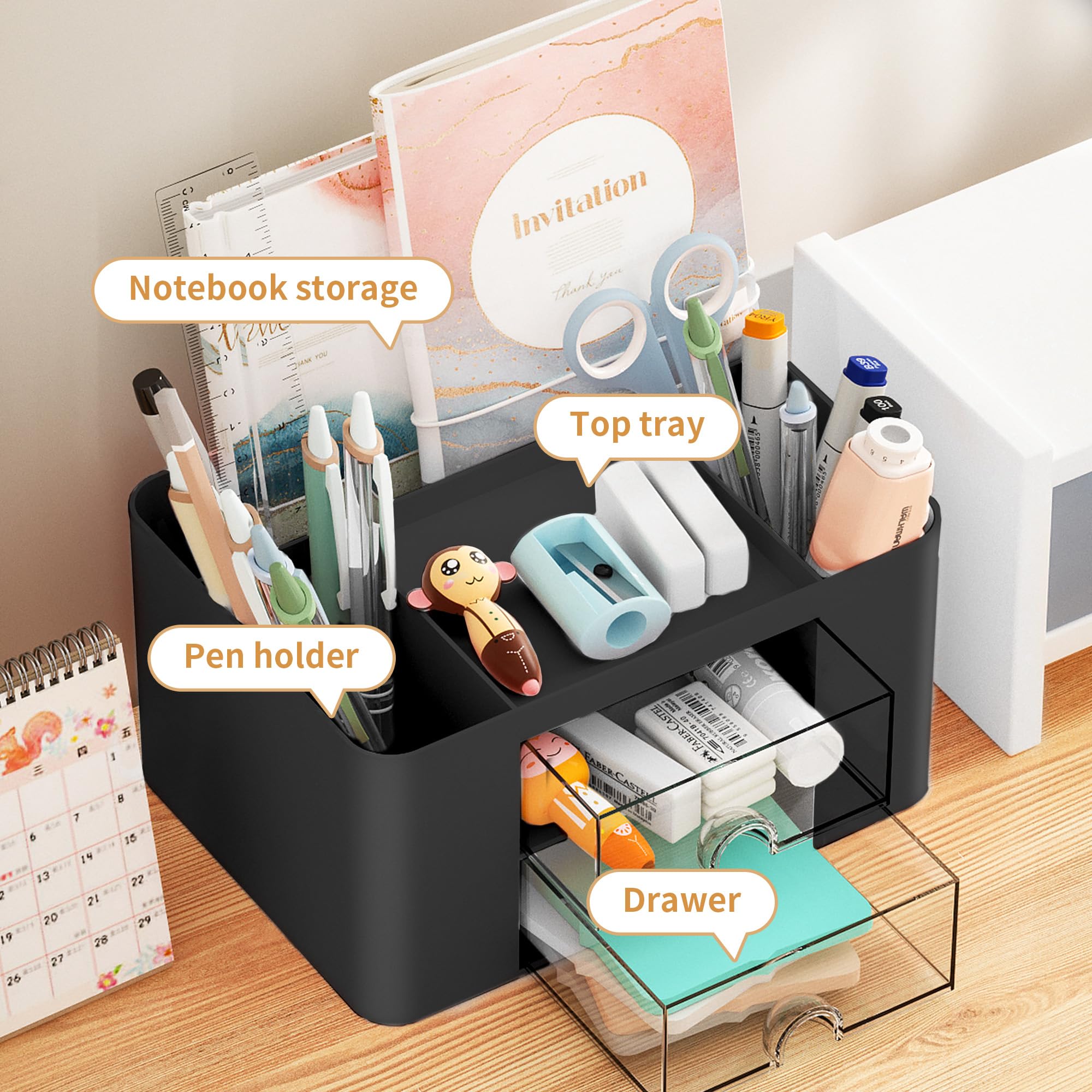 Marbrasse Pen Organizer with 2 Drawer, Multi-Functional Pencil Holder for Desk, Desk Organizers and Accessories with 5 Compartments + Drawer for Office Art Supplies (Blue) Dormly