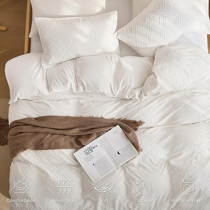 JELLYMONI Duvet Cover Full Size White - 3PCS Boho Duvet Cover Set Plaid Polyester Tufted Bohemian Jacquard Knit Textured Comforter Cover 80×90in Rhombic Geometric Pattern Corner Ties & Zipper