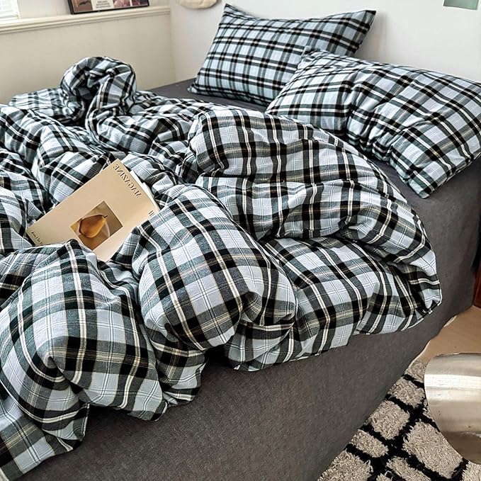 VM VOUGEMARKET Buffalo Gingham Duvet Cover Set Queen,3 Pieces Washed Cotton Bedding Set,Breathable Luxury Plaid Comforter Cover with Zipper Closure for Boys Men(Black&Grey)