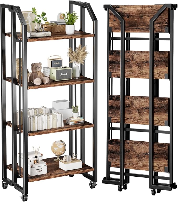No Assembly Double-Sided Folding Bookshelf for Living Room, 4 Tier Collapsible Book Shelf for Home Office, Portable Bookcase Storage Organizer
