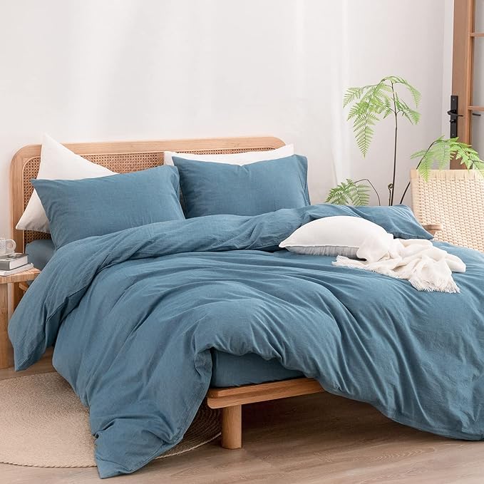 BESTOUCH Duvet Cover Set 100% Washed Cotton Linen Feel Super Soft Comfortable Chic Lightweight 3 PCs Home Bedding Set Solid Dark Blue King