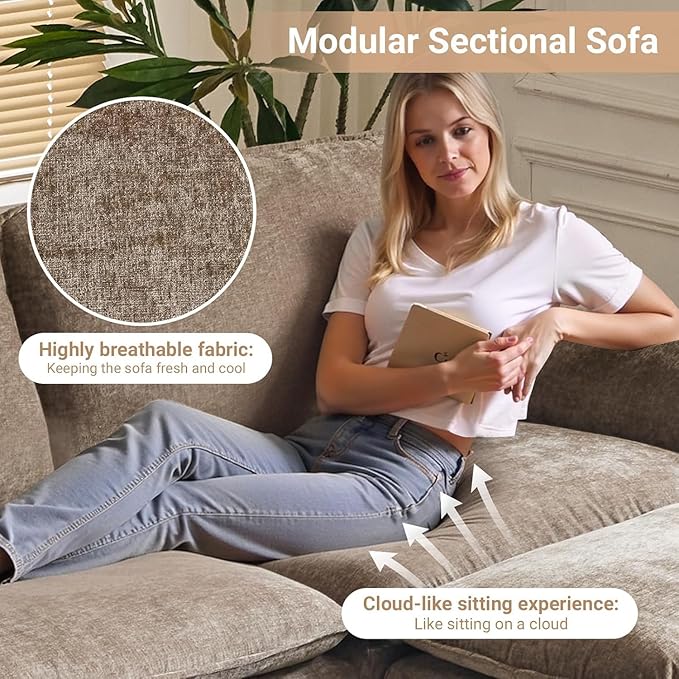 VINGLI Convertible Modular Sectional Sofa with Deep Seat & Movable 2-Layer Ottoman, L-shape Cloud Sofa with Chaise &Armrests, Oversized 3-Seater Couch for Living Room & Apartment, Chenille,Light-Brown
