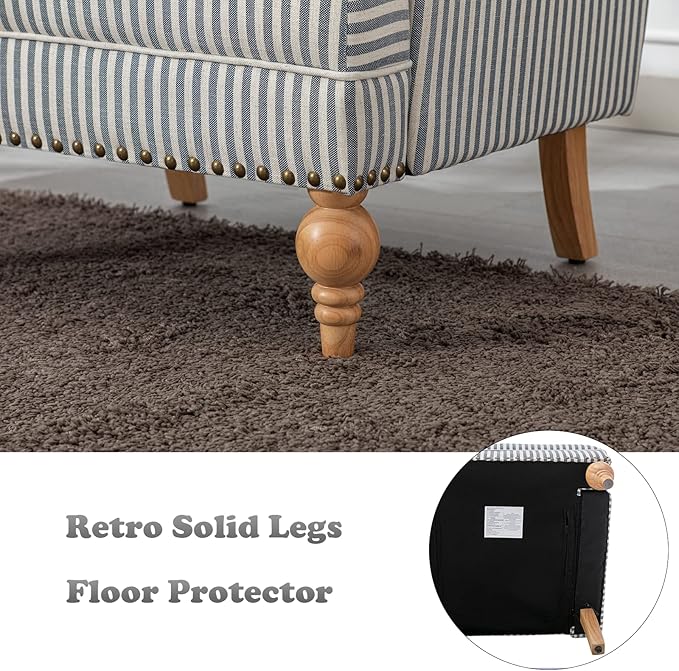 chairus Linen Accent Chair for Living Room Set of 2 Upholstered Mid Century Modern Single Sofa Chair with Solid Wood Legs Comfy Reading Armchair for Bedroom/Office Room/Recption/Lounge, Blue Stripe