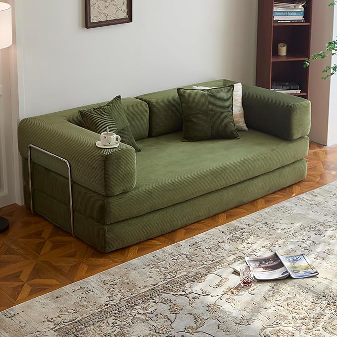 98.4" Convertible Sofa Bed - Compression Sofa with Corduroy Fabric - with Armrests and Backrest - Modular Sectional for Living Room, Bedroom, Studio - Compression Sofa in Box (Green)