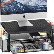 OPNICE Desk Organizer and Accessories, 2-Tier Computer Monitor Stand with Drawer and 2 Pen Holders, Laptop Stand, Office Desk Accessories for Office Supplies, Carbon Fiber