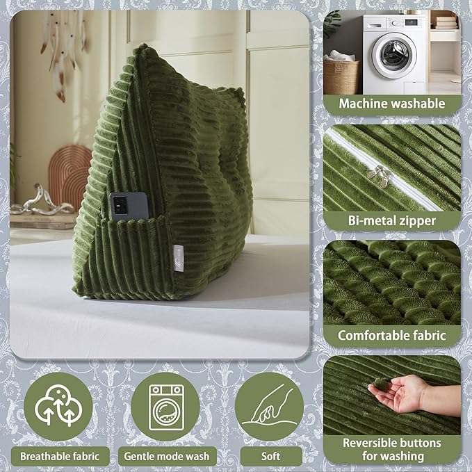 Headboard Wedge Pillow + A Long Neck Roll Pillow Body Pillow，Large Headboard Pillow with Removable Cover (Green, Twin：39x8x20 inches)