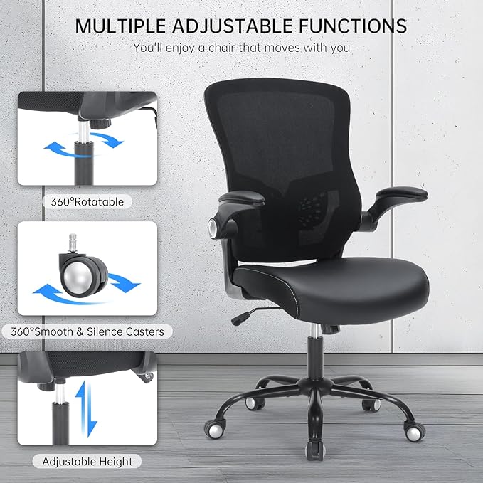 Ergonomic Office Chair, Mid Back Breathable Mesh Desk Computer Swivel Chair with Adjustable Lumbar Support,Flip up Arms,PU Leather Cushion for Home Office, Black