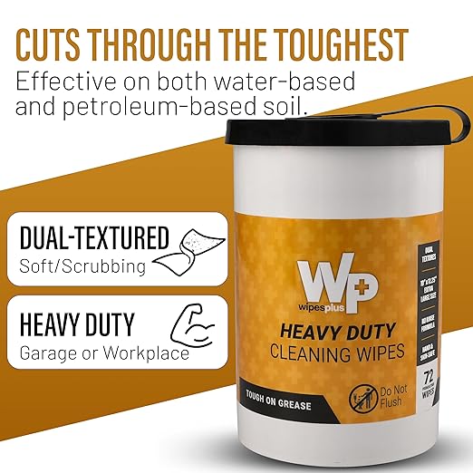 WIPESPLUS Heavy Duty Cleaning Wipes – No Rinse Dual-Texture Tool Cleaning Wipes and Hand Cleaner for Mechanics – Industrial Degreaser for Garage, Grill, and Oven– 72 Count 10.5"x12.25" (Pack of 6)