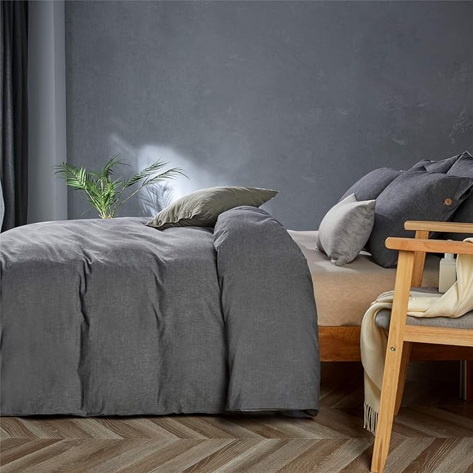 JELLYMONI Cotton Duvet Cover Queen Size - Black Comforter Cover with Button 100% Washed Cotton 3PCS Breathable Soft Solid Bedding Set Duvet Cover 90×90in & 2 Pillowcases (NO Comforter)
