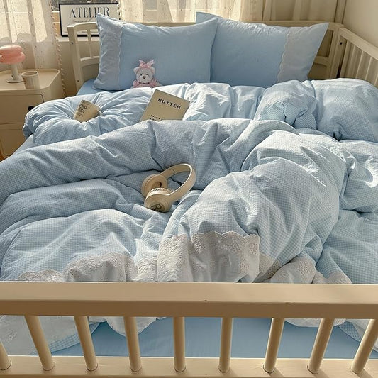mixinni Blue Gingham Duvet Cover Full Size - 3 Piece Cottagecore Plaid Bedding Set with Lace Trim, Soft Washed Microfiber Vintage Aesthetic Grid Comforter Cover & Pillow Shams, (Blue White Gingham)