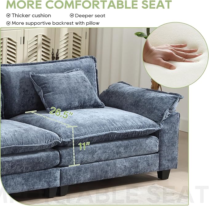 154" Modular Sectional Sofa, Comfy Cloud Couch Sectional Sofa with Ottoman, Chenille Sofa Sleeper Deep Seat Sofa with Throw Pillows for Living Room (Blue, 154"- U Shape)