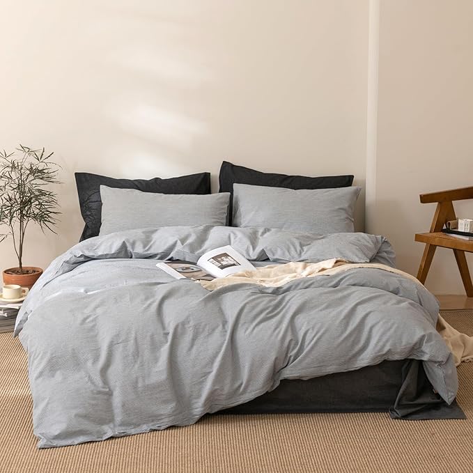 VM VOUGEMARKET Grey Pinstriped Duvet Cover Set Queen 100% Washed Cotton Bedding Set,Ticking Stripes Pattern Duvet Cover with Zipper Closure (3pcs, Horizontal Stripes)