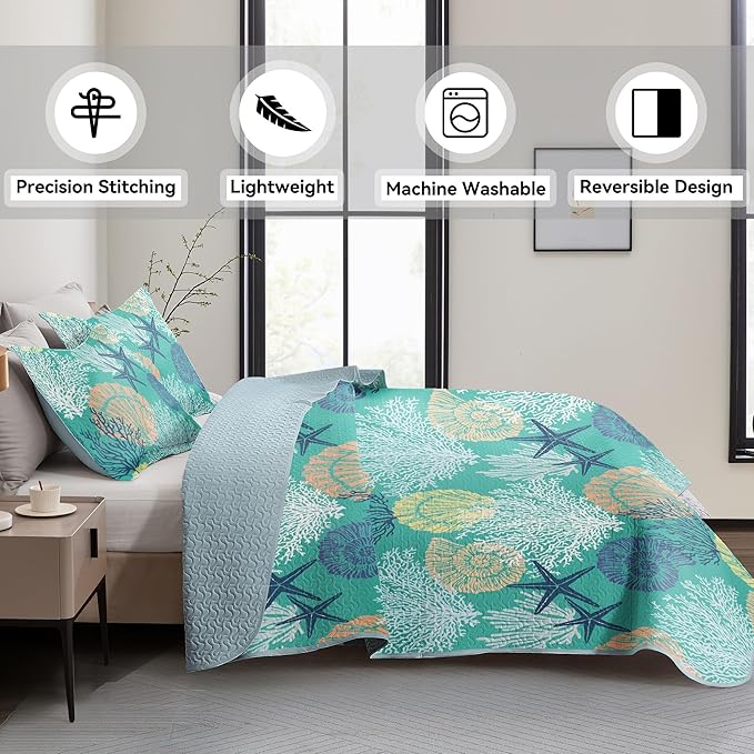 Tritard 3 Piece Coastal Quilt Sets King Size - Reversible Microfiber Quilts with 2 Shams Soft Lightweight Beach Bedding Nautical Bedspread Coverlet Summer Comforter Set for All Season, 106''x96'', C3