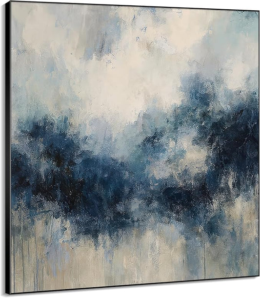 60"x60" XL Framed Wall Art - Blue Abstract Landscape Modern (Frame Assembly Required)