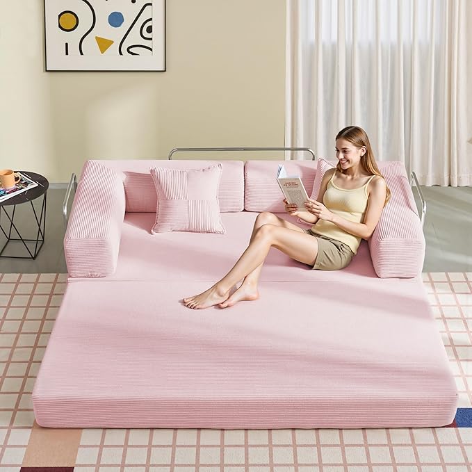 YINIX Foldable Sofa Bed, 78'' Folding Floor Couch, Compressed Convertable Sleeper Sofa, Memory Foam Couch with Pillow Back Support Armrest, 4-in-1 Futon Sofa Bed for Living Room, Pink