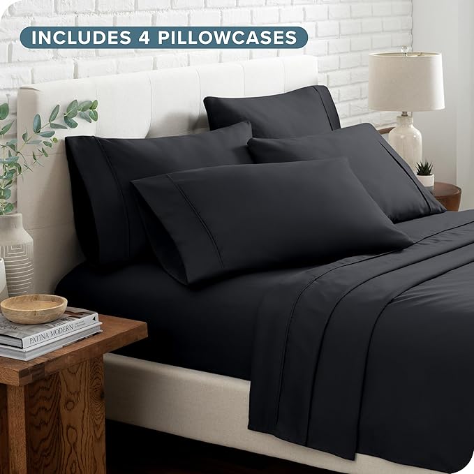 Bare Home Hotel Luxury Full XL Sheet Set, Extra Soft - 6 Piece Set - Deep Pockets - Easy Fit - Cooling & Breathable - Wrinkle, Fade, Stain Resistant - Includes 4 Pillowcases (Full XL, Black)