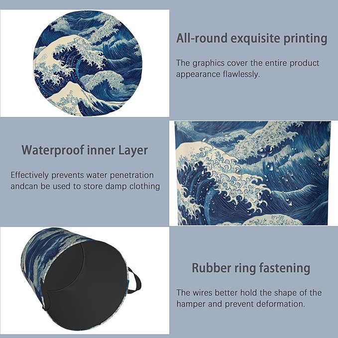 Ocean Wave Laundry Basket,Japanese Foldable Oxford Cloth Tote Bag Laundry Hamper Clothes Storage Bucket Organizer for Bedroom Laundry Storage Dormitories 16" x 20.8"