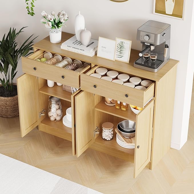 49" Oak Buffet Cabinet with Doors & Drawers, Modern Kitchen Storage Sideboard, Coffee Bar Console for Dining Room, Living Room, Entryway