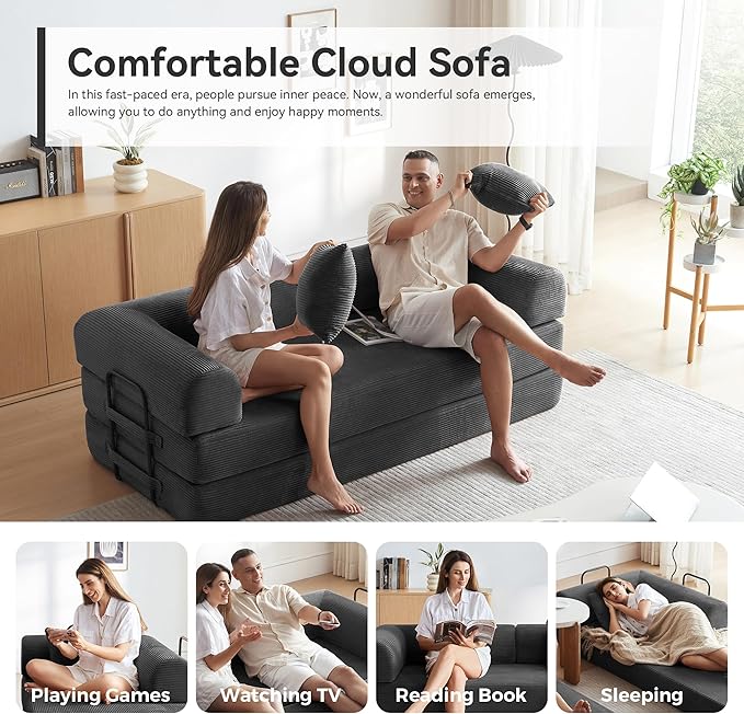 Convertible Sleeper Bed with Cylindrical Pillow, Comfy Foldable Bed Compressed Sofa in Box, Floor Sofa Lounge Couch for Living Room Bedroom Lounge Studio, Tool-Free Assembly (Black)