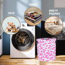 Pink Cow Print Laundry Basket Animal Foldable Oxford Cloth Funny Tote Bag Laundry Hamper Clothes Storage Bucket Organizer For Bathroom/Laundry Storage/Bedroom Storage Basket 17.7x13.7Inch