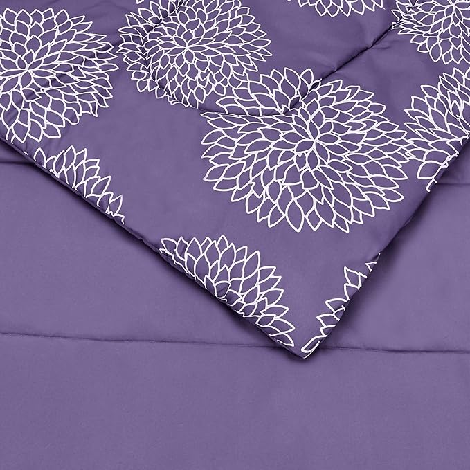 Amazon Basics Twin/Twin XL Comforter Set with Sheets, 5-Piece Purple Floral Bedding, Lightweight Microfiber Bed-in-a-Bag