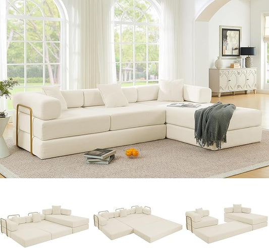 108" Oversized Convertible Sleeper Sofa Bed, Corduroy L Shape Sectional Couch, Folding Sofa Bed with Fixed-Shape Frame, Modern Cloud Floor Mattress Couch, Modular Sofa for Living Room, Beige