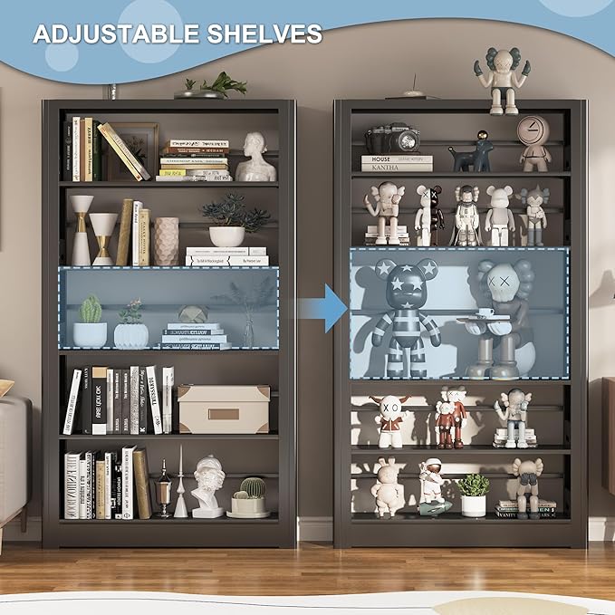 Metal Bookshelf, 5 Tier Black Bookcase with Adjustable Storage Shelves, 69" Tall Book Shelf for Home Office, Bedroom, Library, Living Room, Easy to Assemble