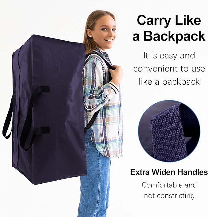 12 Pack Heavy Duty Extra Large Moving Bags W/Backpack Straps - Strong Handles & Zippers, Storage Totes For Space Saving, Fold Flat, Alternative to Moving Box and Storage Bin, Blue