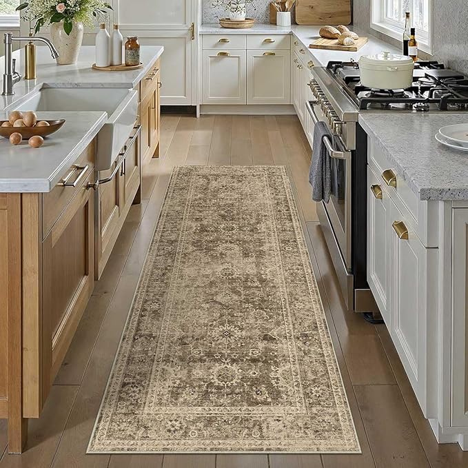 2x6 Washable Runner Rug for Kitchen Hallway Brown Vintage Non-Slip Low Pile Distressed Rustic Carpet Lightweight Vacuumable Soft Long Throw Rug for Indoor Entryway Bedroom