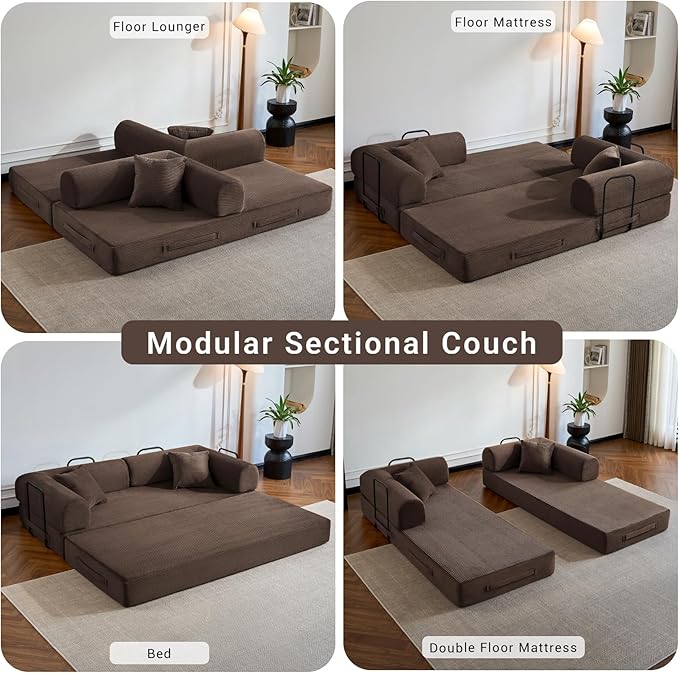 Compressed Sofa, Convertible Sofa Bed, Corduroy Compression Boneless Couch with Pillow, Comfy Modular Foldable Floor Sleeper Sofa for Bedroom, Living Room, Lounge, Studio (Brown)