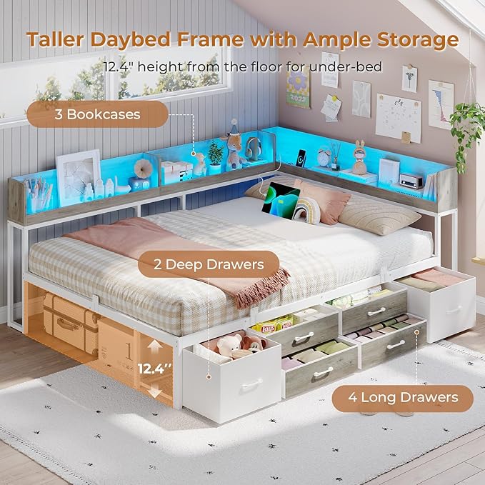 VIAGDO Corner Bed Frame Full with Storage Bookcase and 6 Drawers, Metal Platform Corner Bed Frame with LED Lights and Charging Station, Full Daybed for Kids Teenagers, White & Grey