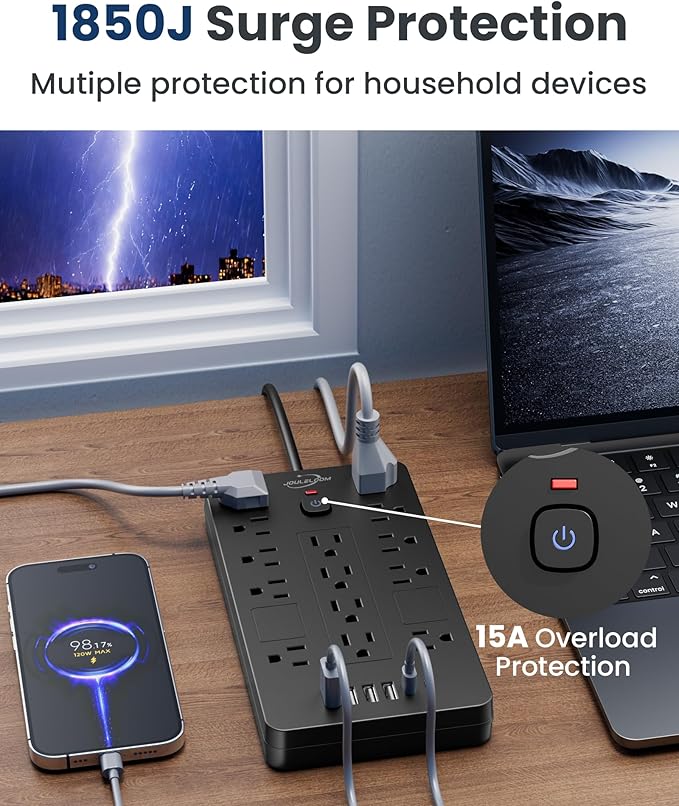Surge Protector Power Strip-14 Outlets and 6 USB Ports, 10 Feet Flat Plug Extension Cord, 1850 Joules, Black, ETL Listed for Home, Office, Dorm Room