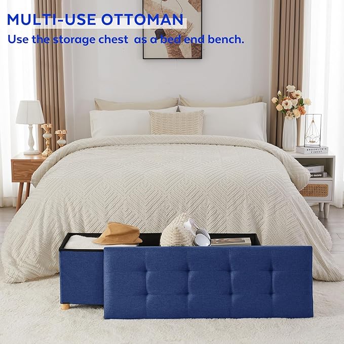 BRIAN & DANY 43 Inches Folding Storage Ottoman Bench, Ottoman with Storage Bench for Bedroom, Living Room, Entryway, Foot Rest with Legs, Blue