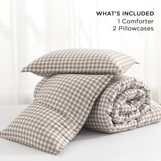 Andency Tan Gingham Comforter Set Full(79x90Inch), Brown Checkered Grid Plaid Buffalo Bed Set for Girls Boys Kids Teens, 3 Pieces Lightweight Microfiber Geometric Preppy Bedding