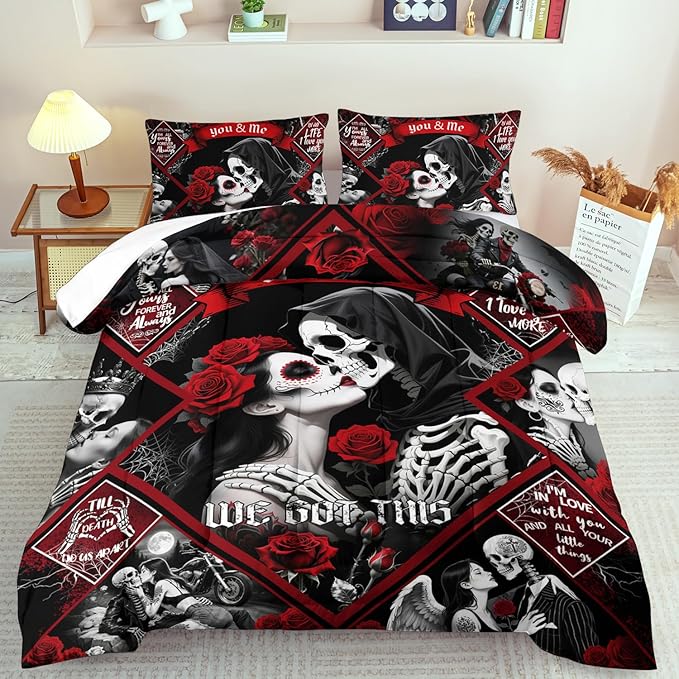 Red Skull Comforter Set Queen Size Women Men Black Goth Bedding Set Girls Gothic Queen Size Comforter Couple Red Rose Couple Bedding Boho Skull Quilt Bedroom Decor