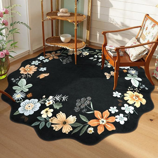 Lahome Floral Washable Round Area Rug, Round Rug 5ft Soft Non-Slip, Non-Shedding Boho Circle Carpet for Bedroom Living Room Bathroom Nursery Kitchen, Black/Grey