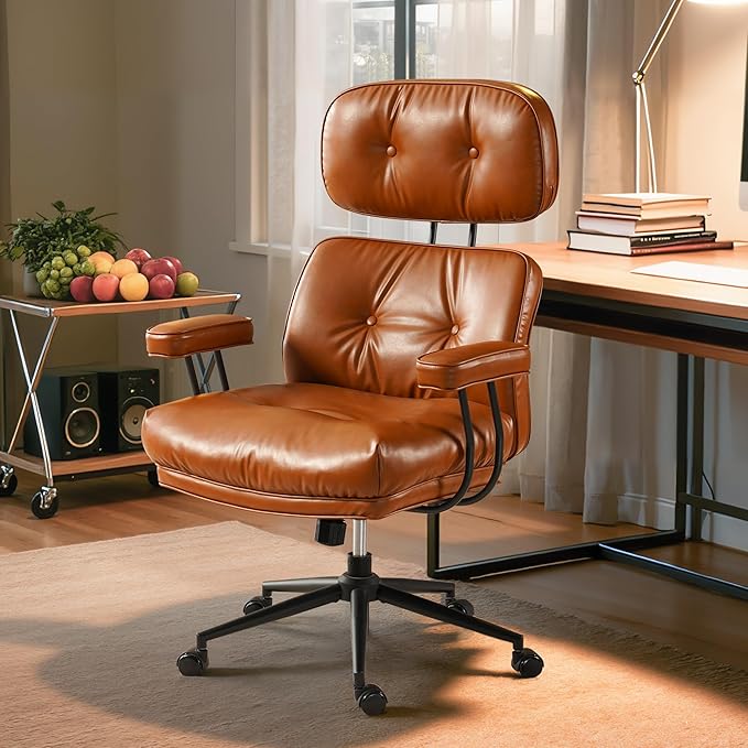 Home Office Desk Chair, Mid-Century Modern Office Chair with Adjustable Lumbar Support, Thickened Cushion Executive Desk Chair with 360 Rolling Swivel for Meeting Game Study Room(Brown)