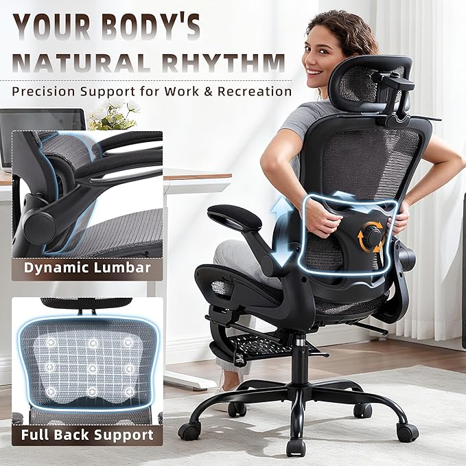 Ergonomic Office Chair, Adjustable High Back Desk Chair with Headrest Footrest 2D Lumbar Support - Executive Breathable Mesh Comfy Swivel Rolling Reclining Computer Task Chairs for Home Office Gaming